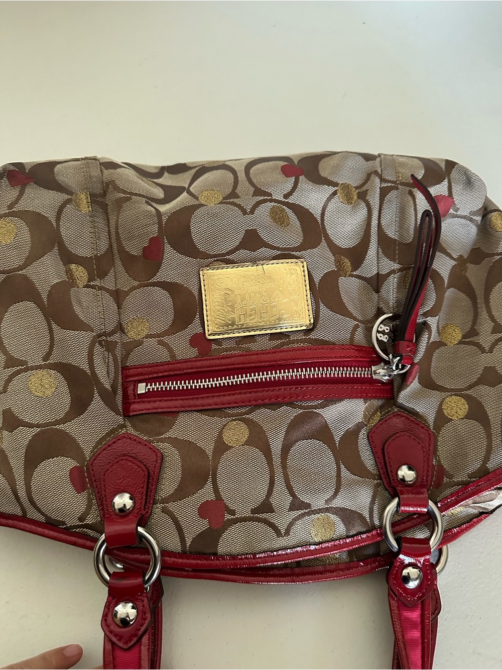 Coach Signature Heart-Print Shoulder Bag in Red and Brown with Gold Accents - Picture 10 of 10